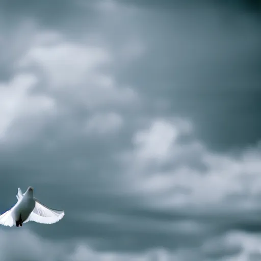 Image similar to a realistic photo of a white dove flying away from the camera in an ethereal cloudscape, high contrast, 8k, film grain, highly detailed, professional photography