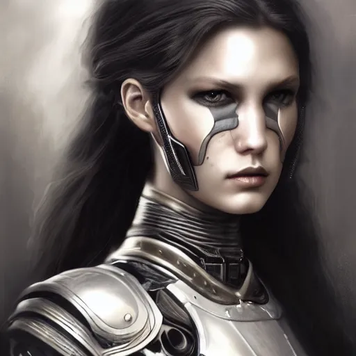 Prompt: ultra realist soft painting of a single attractive cyborg female sillicon cyborg skin armored, with thin lustrous long hair floating, photorealistic eyes render, looking at camera, curiosities carnival, symmetry accurate features, very intricate details, focus, dark fantasy background, black and white, curvy, artstyle Tom Bagshaw