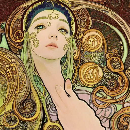 Image similar to cleopatra with coiled serpents beautiful detailed romantic art nouveau face portrait by alphonse mucha, kay nielsen, yoshitaka amano, and gustav klimt, hauntingly beautiful refined moody dreamscape