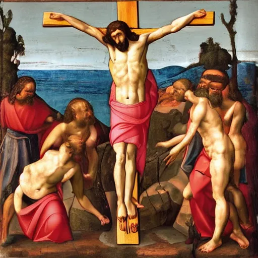 Prompt: jesus on his cross with a snorkel swimming in a pool with water up to his waist in the michel angelo style