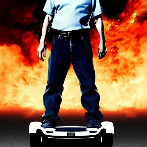 Prompt: Walter White from Breaking Bad (2008) standing on a hoverboard with an exploding car behind him, HDR, 8k,