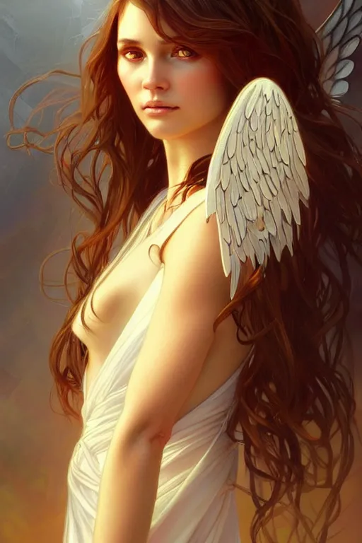 Image similar to Angel portrait, fantasy, amber eyes, face, long hair, intricate, elegant, highly detailed, digital painting, artstation, concept art, smooth, sharp focus, illustration, art by artgerm and greg rutkowski and alphonse mucha