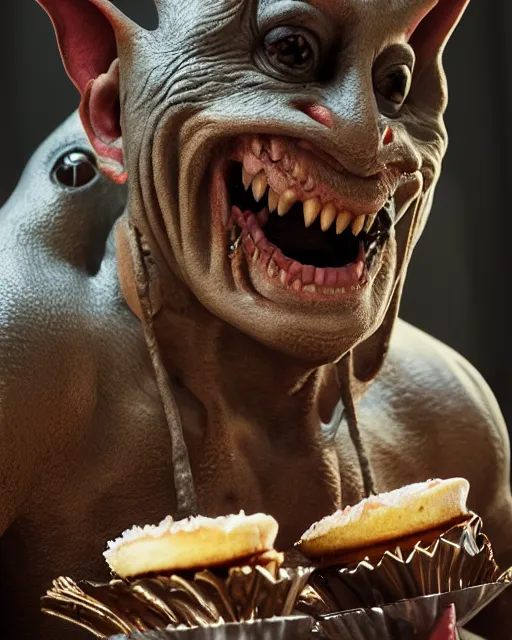 Image similar to highly detailed bosch closeup, face profile portrait of a medieval goblin eating cakes in the cathedral, depth of field, fashion photoshoot by hyung tae, frank frazetta, bosch, giger, breathtaking, detailed and intricate environment, 8 k resolution, hyperrealistic, octane render