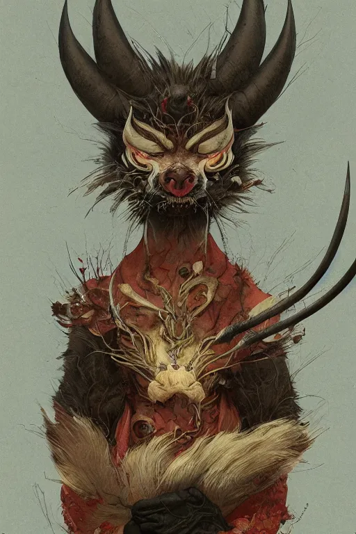 Image similar to a portrait of a japanese devil animal illustrated by miyazaki by karol bak, james jean, tom bagshaw, rococo, sharp focus, trending on artstation, cinematic lighting, hyper realism, octane render, 8 k, hyper detailed, vivid, ultra detailed, highly detailed