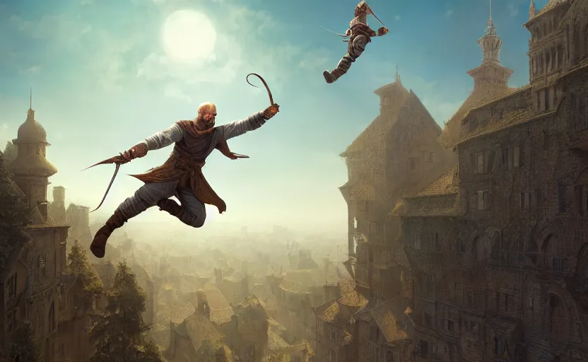Prompt: assassin jumps from a high tower, a leap of faith, aerial view, daylight, ray tracing, octane render, digital art, hyperrealism, no blur, 4 k resolution, ultra detailed, style of marc simonetti, tyler edlin, deviantart, ivan shishkin