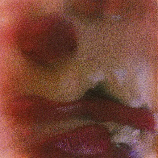 Prompt: a scratched, textured, severely chemically damaged, multilayered gum bichromate print of a blurry, dreamy faint close - up by david lachapelle of women kissing romantically.