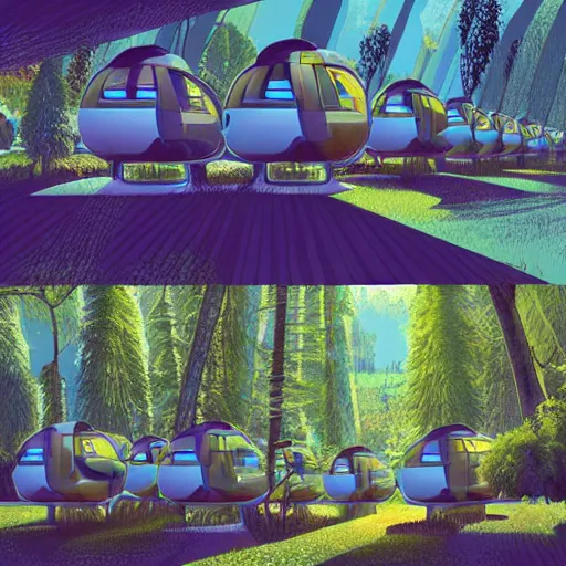 Prompt: beautiful happy picturesque charming organic futuristic sci - fi town of pod homes integrated in a forest area. water and trees. beautiful light. grainy and rough. soft colour scheme. beautiful artistic vector graphic design art by lurid. ( 2 0 2 2 )