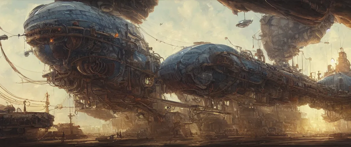 Prompt: a beautiful and detailed illustration of an airship port in a cloudpunk world by Jesper ejsing , cinematic atmosphere, establishing shot, viewed from below