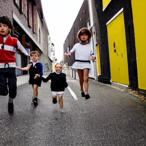 Image similar to in the style of 1960s, A scary robot is chasing after a couple of kids down the ally