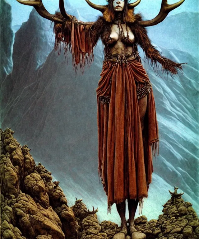 Prompt: A detailed horned antelopewoman stands among the mountains with a rings on hands. Wearing a ripped mantle, robe. Extremely high details, realistic, fantasy art, solo, masterpiece, art by Zdzisław Beksiński, Arthur Rackham, Dariusz Zawadzki