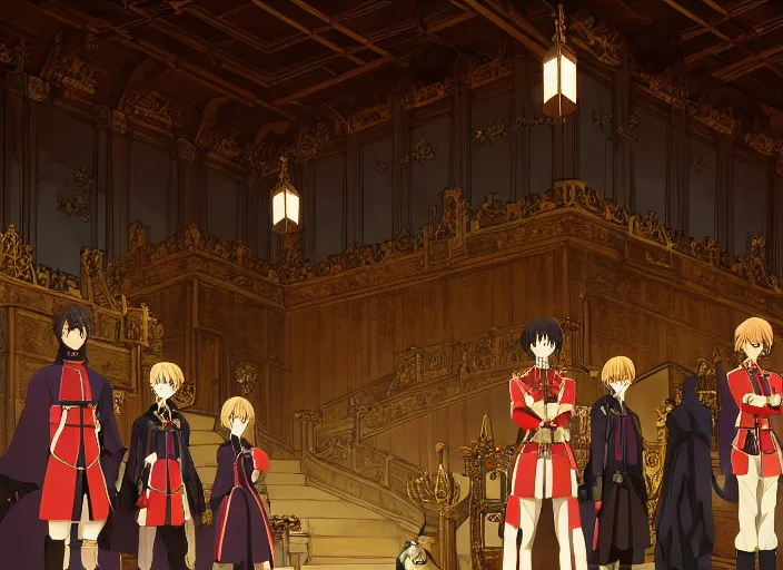 Image similar to key anime visual portrait of a castle's main hall interior with throne, servants, nobles, designed by mika pikazo, dynamic pose, dynamic perspective and angle, cinematic, film grain, detailed, intricate, at night, dramatic lighting