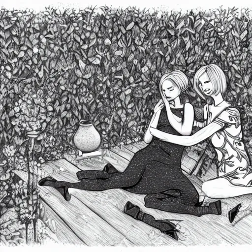 Image similar to couple cuddling, two women, one short - haired blonde, one goth brunette, in garden, romantic, highly detailed illustration