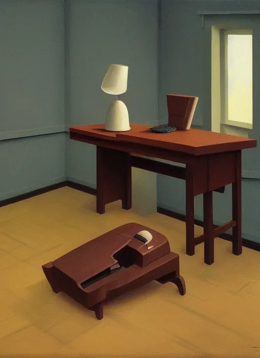 Prompt: A desk holding a computer monitor mouse monitor and keyboard with the tower sitting on the floor, Edward Hopper and James Gilleard, Zdzislaw Beksinski, Mark Ryden, Wolfgang Lettl highly detailed