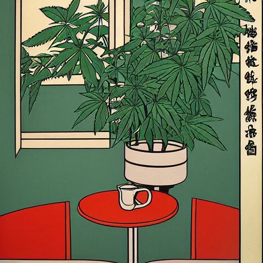 Prompt: taiwanese cafe with cannabis pot plants 🪴 utopia frontage poster by will barnet