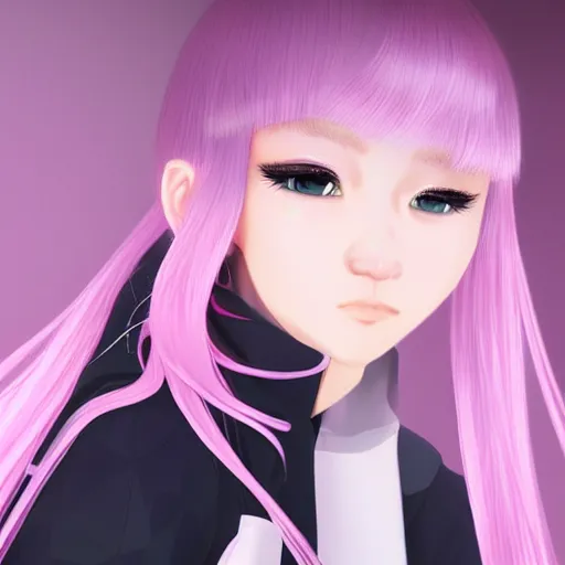 Prompt: of a 2 d girl with 3 d oil pink hair, realistic eyes with minimal features as a hologram