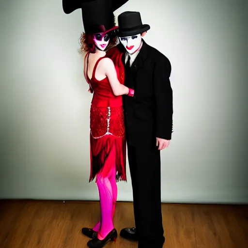 Image similar to the joker wearing a black suit with red tie, wearing a fedora, standing next to a 20's flapper, prom pictures, amateur photography