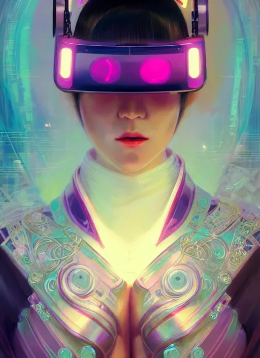 Image similar to portrait of female japanese android wearing a vr headgear and in an elaborate kimono dress, hologram hovering around her, intricate detail, cyber neon lighting, highly detailed, beautiful wide angle photography, artstation, glamor pose, concept art, art by peter mohrbacher, pinterest, artstation,