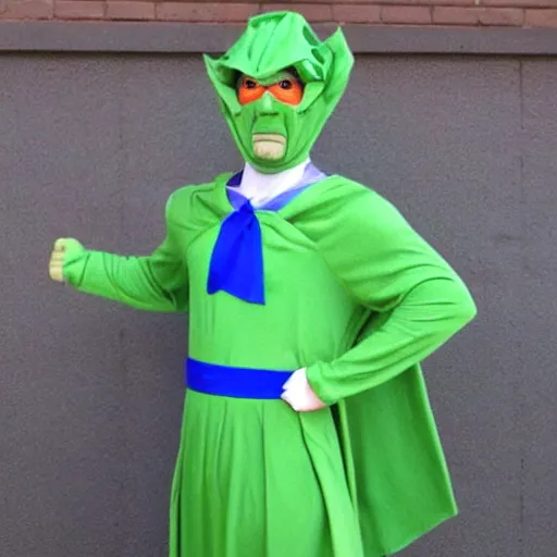 Prompt: a man in an improvised Piccolo costume