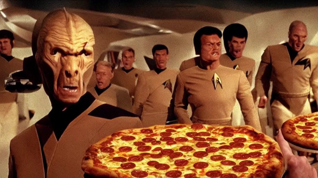 Prompt: giant monsters made of pizza and sharp teeth eating people, star trek, film still from a movie directed by Denis Villeneuve with art direction by Salvador Dalí, wide lens