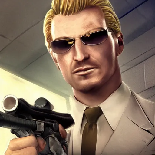 Prompt: sweating angry blonde Viktor Reznov from Call of Duty: World at War with a beige coat as The American Psycho, a blonde goatee, short hair, beige fedora, and sunglasses, holding a wooden sniper rifle, photorealistic, dramatic lighting, establishing shot, The American Psycho film still