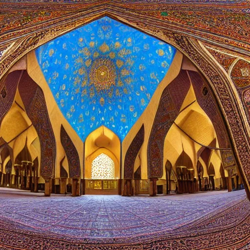 Prompt: equirectangular view of the nasir al - mulk mosque in iran, 4 k