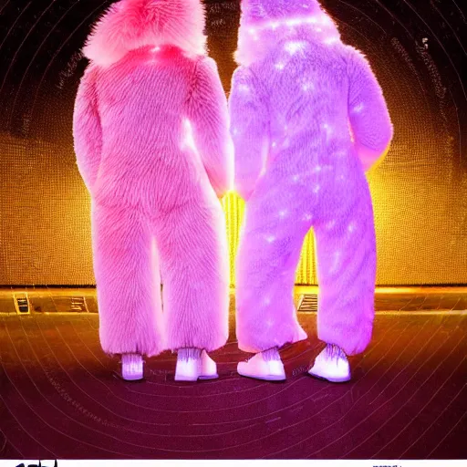 Image similar to love, diverse fluffy cybersuits, from behind, connection rituals, wide wide angle, vivid, elaborate, highly detailed, beautiful lighting