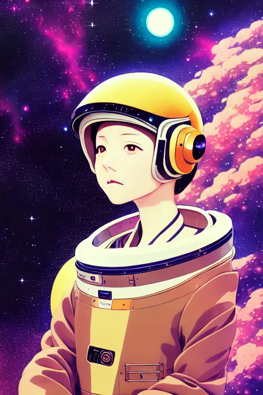 Prompt: portrait of a young astronaut girl, last exile, yoshitoshi abe, art deco, loish, murata range, synthwave, cosmic, studio lighting, manga, anime, vibrant colors, beautiful, dreamy, gradation, gustav klimt, makoto shinkai, detailed, ((space nebula background))