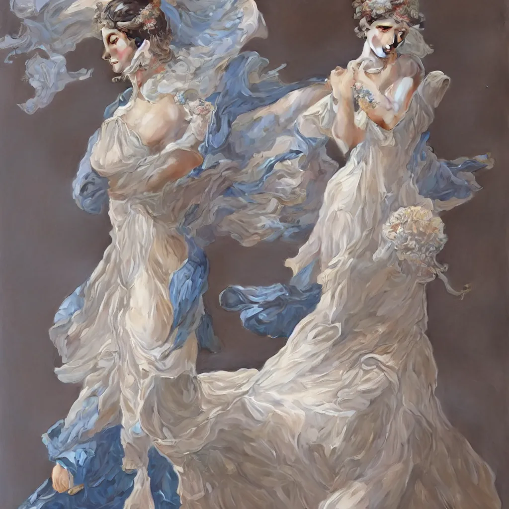 Image similar to one woman dressed in a vaporous wrapped large victorian cream roses silk semi-transparent blue and cream dress fashion is running D&D, fantasy, intricate, elegant, highly detailed, digital painting, artstation, concept art, matte, sharp focus, illustration, art by Artgerm and Greg Rutkowski and Alphonse Mucha, UHD