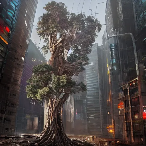 Image similar to a cyberpunk tree in the middle of a medieval city