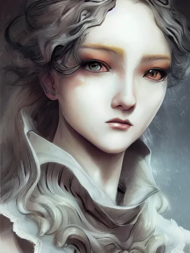 Image similar to a woman's face, baroque style, elegant, beautiful, mesmerizing, concept art, fancy clothing, highly detailed, artstation, behance, deviantart, inspired by innocent manga, inspired by castlevania concept art, trending, ayami kojima, shinichi sakamoto