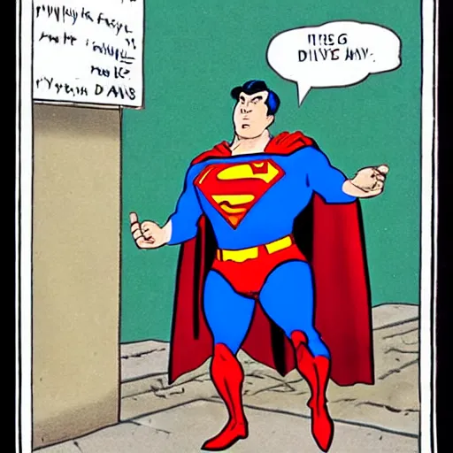 Prompt: Superman begging for alms on a street corner in the style of a 19th century cartoon