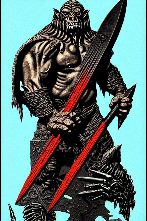 Prompt: cloaked orc holding large axe, high details, intricately detailed, by vincent di fate, inking, 3 color screen print, masterpiece, trending on artstation, sharp, details, hyper - detailed, hd, 4 k, 8 k