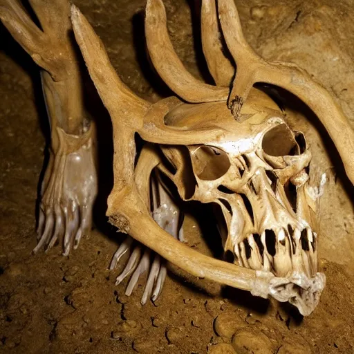 Image similar to humanoid made of translucent brown sludge full of animal bones, it's head is a deer skull with glowing yellow eyes, found in a cave made of clay, found footage, unsettling, flash photography,