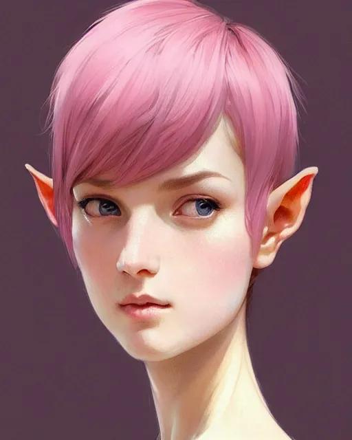 Prompt: portrait of a pink short haired till shoulder half elf with bangs, intricate, elegant, highly detailed, my rendition, digital painting, artstation, concept art, smooth, sharp focus, illustration, art by artgerm and greg rutkowski and alphonse mucha and uang guangjian and gil elvgren and sachin teng and wlop, symmetry!!