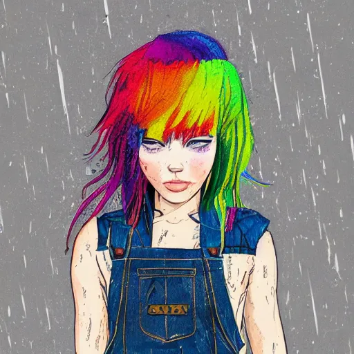 Image similar to a portrait of an beautiful grungy female with rainbow hair, dainty figure, torn overalls, short shorts, combat boots, wet tshirt, raining, made by viktor antonov, illustration, extremely detailed, beautiful,