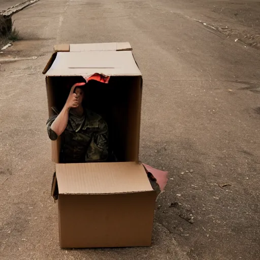 Prompt: an soldier hiding under cardboard box, in middle of war, cinematic