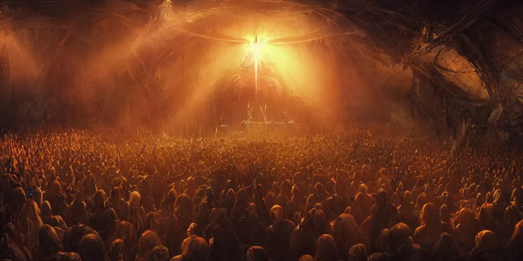 Prompt: ambience, atmosphere, sunbeams, concept art for sauron playing rock guitar concert to a crowd of orcs, lord of the rings, peter jackson, studio ghibli, detailed, realistic lighting, volumetric lighting, golden hour,