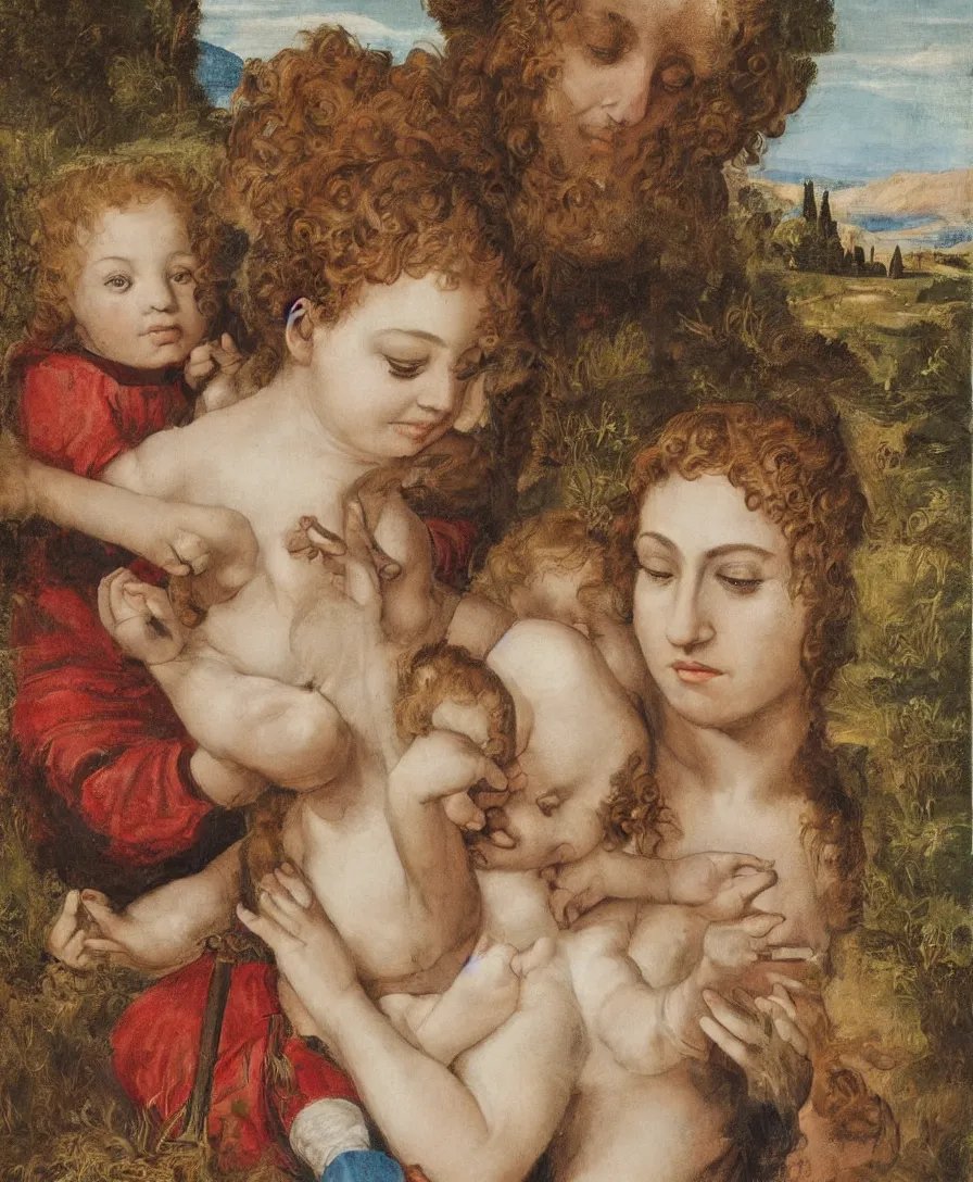 Image similar to Detailed Portrait of Madonna, with infant Jesus playin with thin long cross in the style of Raffael. Red curly hair. They are sitting in a dried out meadow in Tuscany, red poppy in the field. On the horizon there is a blue lake with a town like florence and blue mountains alps. Golden Ratio. Flat perspective.