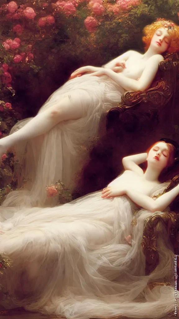 Image similar to blonde beautiful pale skin sleeping princess by franz xaver winterhalter and delphin enjolras and rebecca guay