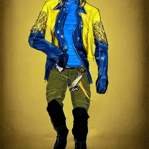 Prompt: Elven male, shaggy blonde hair. Wearing modern yellow leather jacket and blue camo pants. Modern, concept art