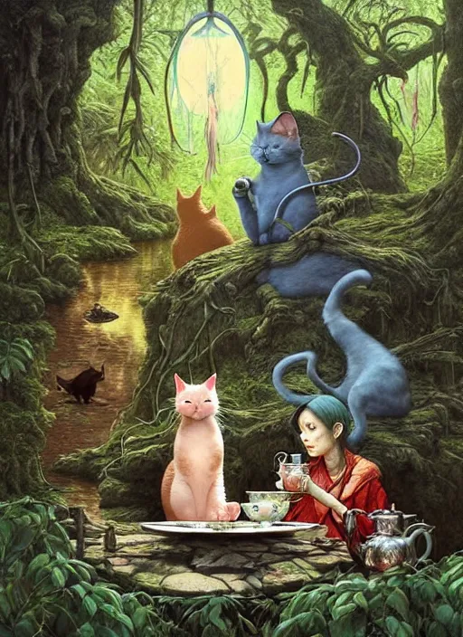 Image similar to cat having tea with a sorceress at a shrine in the woods by a stream, river gorgeous lighting, lush forest foliage blue sky a hyper realistic painting by chiara bautista and beksinski and norman rockwell and greg rutkowski weta studio, and lucasfilm