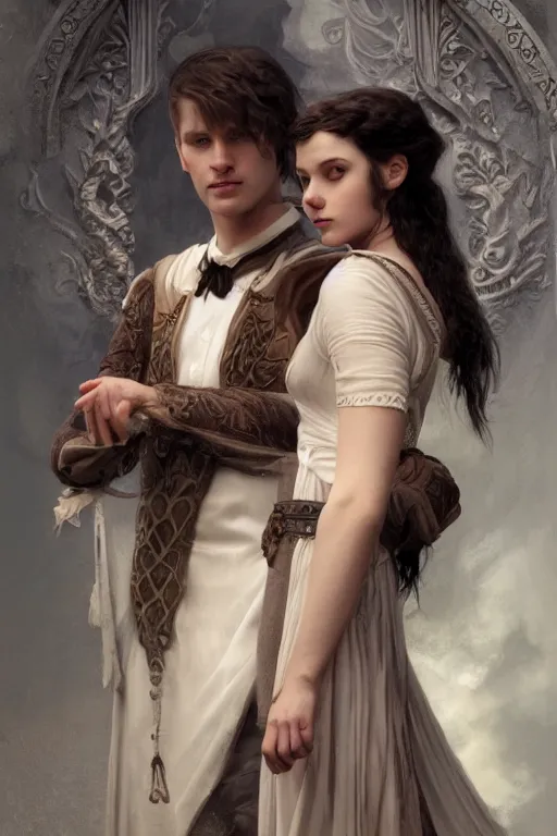 Prompt: a portrait of handsome young male nordic Satan and his elegant beautiful nordic witch wife, bored, illustration, dramatic lighting, soft details, painting oil on canvas, art nouveau, octane render, HDR, 4k, 8k, HD, by Edmund Blair Leighton, Brom, Charlie Bowater, trending on artstation, faces by Tom Bagshaw, Sargent