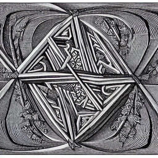 Prompt: an ornate illustration in the style of mandalic escher, showing a geometric knot in a wheat field