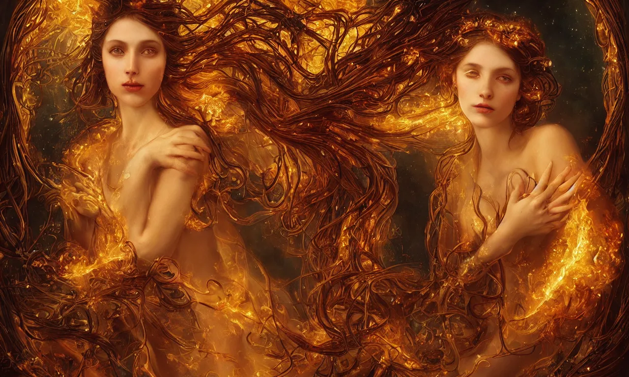 Prompt: ultra realist breathtaking detailed soft painting of a beautiful lonely fire dancer girl, long fire hair and flying dress of fireflies, symmetrical facial features, christian saint in the middle of a stained glass of flames, intricate golden art nouveau frame, by Tom Bagshaw, wlop, trending on artstation
