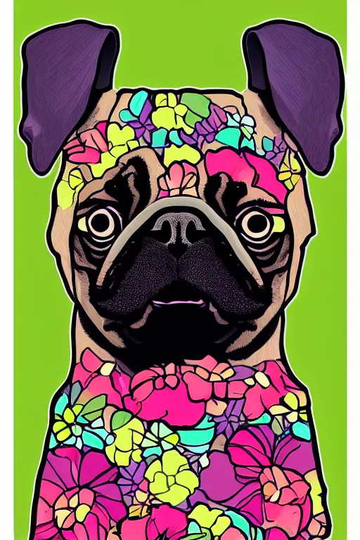 Image similar to portrait of a flower rambo pug, art by milka oxana, sticker, colorful, illustration, highly detailed, simple, smooth and clean vector curves, no jagged lines, vector art, smooth