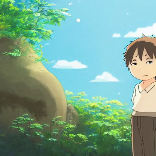 Image similar to friendly guy and small creature , with Fragile looking character portrait face made in Studio Ghibli artstyle ,highly detailed art, beautiful scene, sharp focus, smooth, 8k, anime art