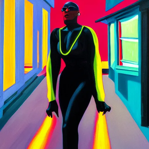 Image similar to a portrait painting of Grace Jones walking down a lit up street in the evening, in the style of Edward Hopper, 4k,