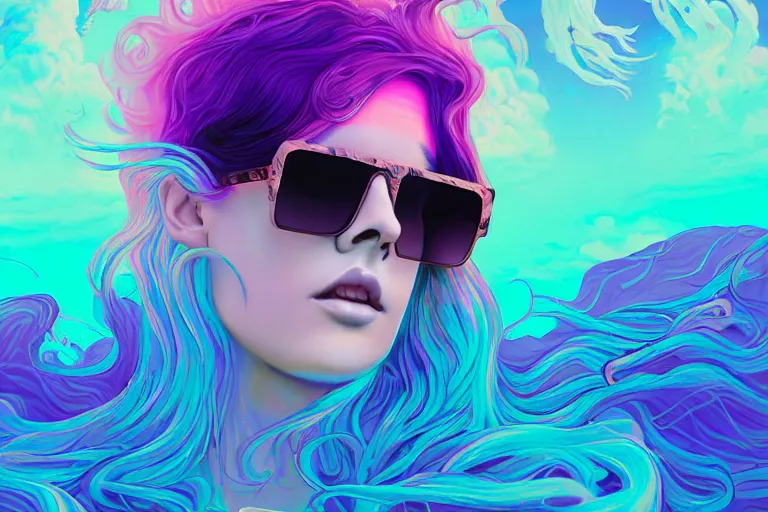 Prompt: muted vaporwave ombre. double exposure, druid of creativity wearing oversized euro sunglasses, flowing hair, beautiful character fashion design, by josan gonzalez and paul lehr and david heskin and seb mckinnon and jared s. merantz and alex grey, hi - fructose, 8 k, digital matte painting