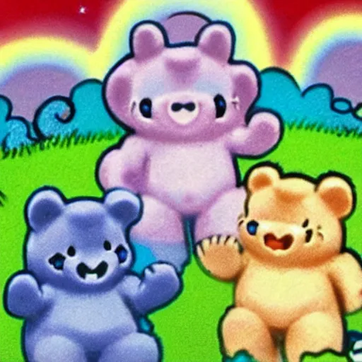 Image similar to appearance by the care bears in the moomin anime ( 1 9 8 2 ), pastel colours