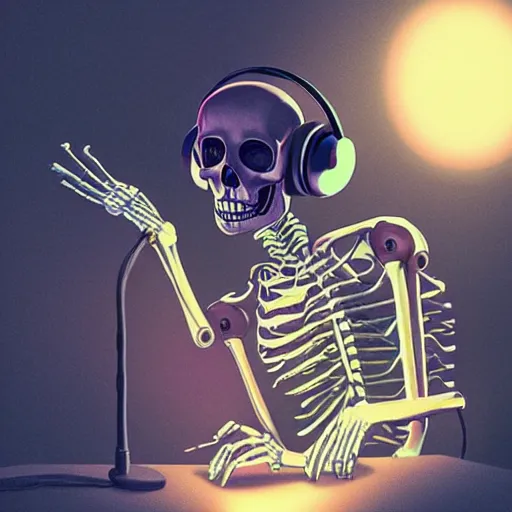 Image similar to skeleton with headphones playing a synthesizer, artstation, illustration, lights,